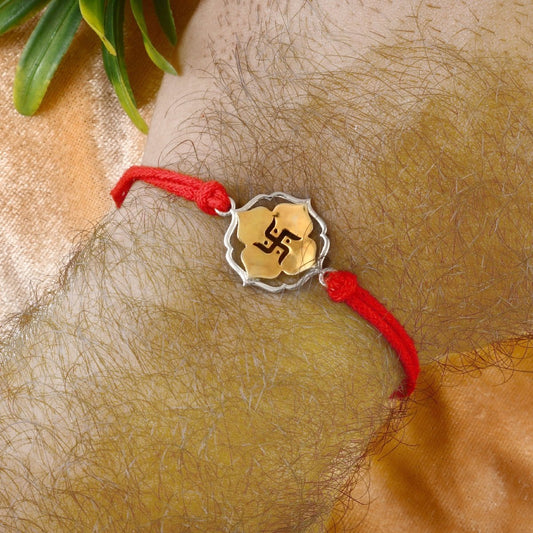 925 Silver Swastik Rakhi in Gold-Toned Lotus Frame - Zirak Silver