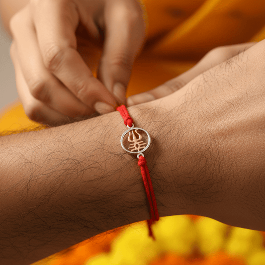 925 Silver Trishul Damru Rakhi with Red Thread - Zirak Silver