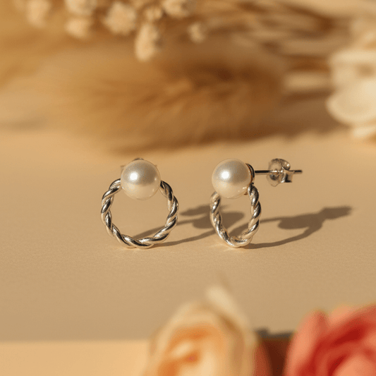 925 Silver Twisted Hoop Pearl Stud Earrings - Zirak Silver