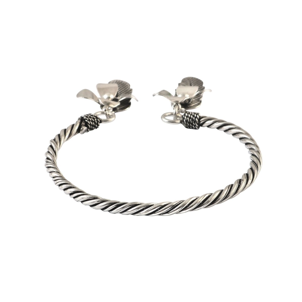 925 Silver Twisted Rope Bracelet with Flower & Feather Charms - Zirak Silver