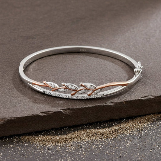 925 Silver Two - Tone Leaf Vine Bangle Bracelet with CZ Detailing - Zirak Silver