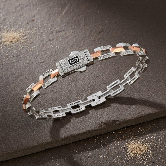 925 Silver Two - Tone Link Bracelet with CZ Detailing & Designer Clasp - Zirak Silver