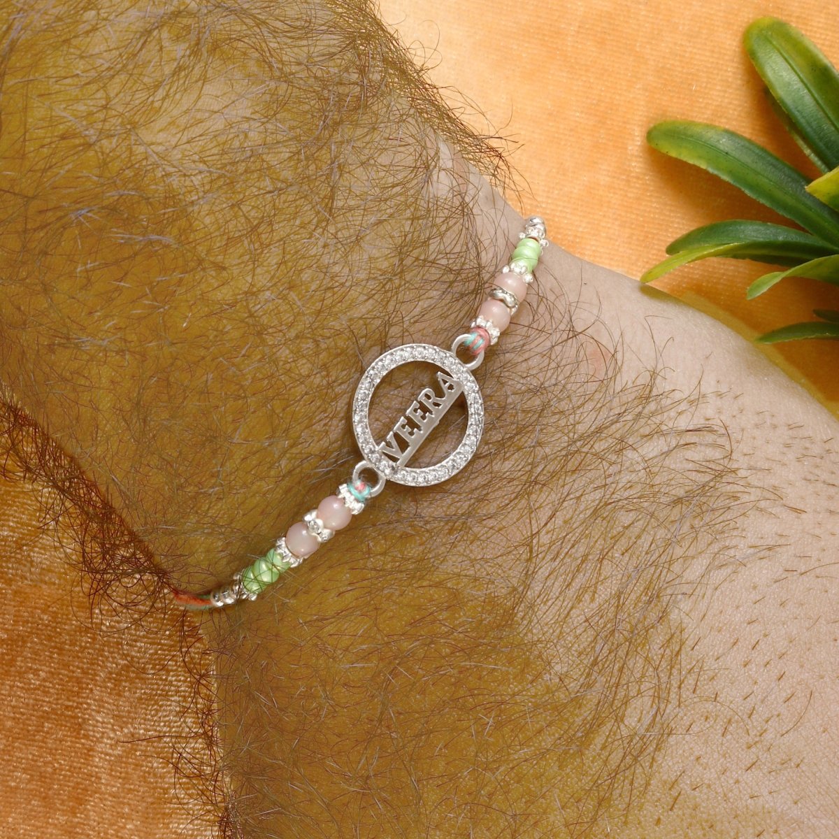 925 Silver Veera Rakhi | Designer Beaded Circle Rakhi for Brother | Peach & Mint Rakhi Thread - Zirak Silver