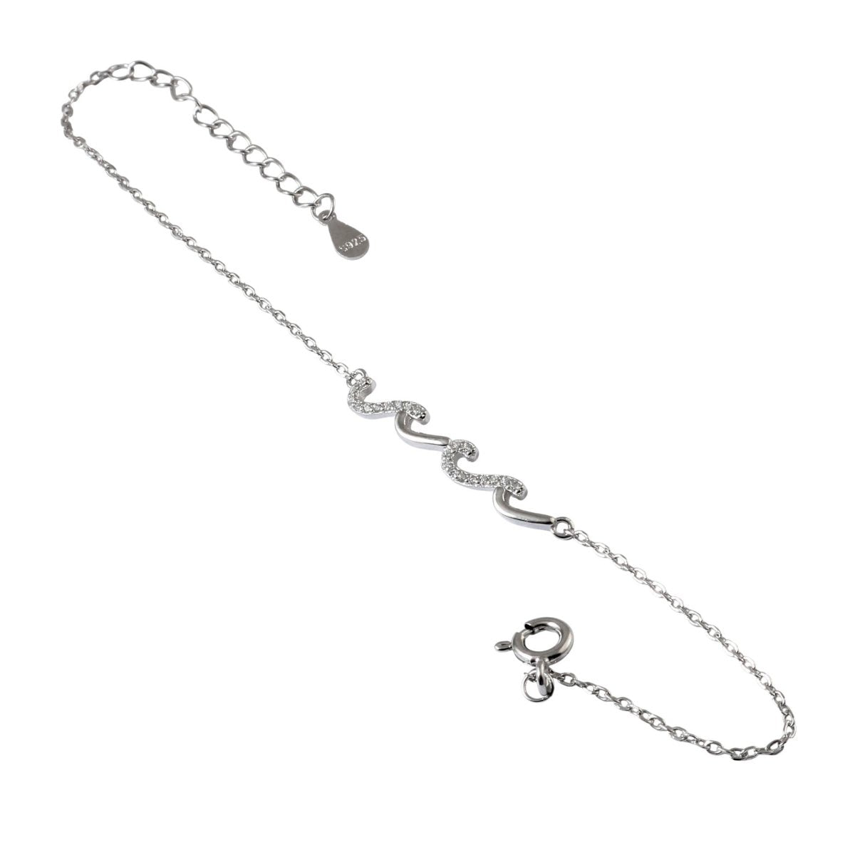 925 Silver Wave Curve Bracelet with CZ Accents - Zirak Silver