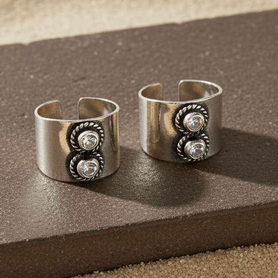 925 Silver White CZ Double - Stone Adjustable Toe Rings (Pair) - Zirak Silver