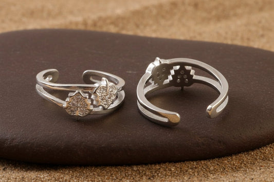 925 Sterling Silver Adjustable Toe Ring with Floral Design and Sparkling CZ Stones - Zirak Silver