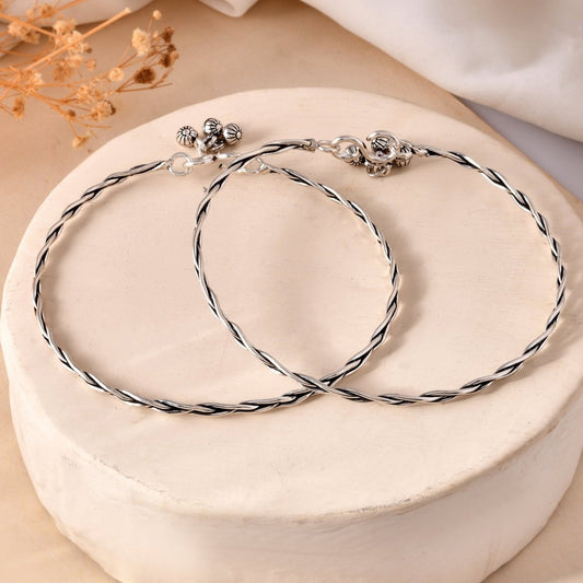 925 Sterling Silver Braided Anklet Pair with Charm Drops – Oxidized Payal - Zirak Silver
