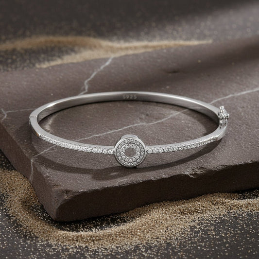925 Sterling Silver Circle Halo Cuff Bracelet with Pave CZ - Zirak Silver