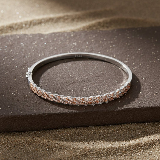 925 Sterling Silver CZ Twisted Bangle Bracelet with Rose Gold Accents - Zirak Silver