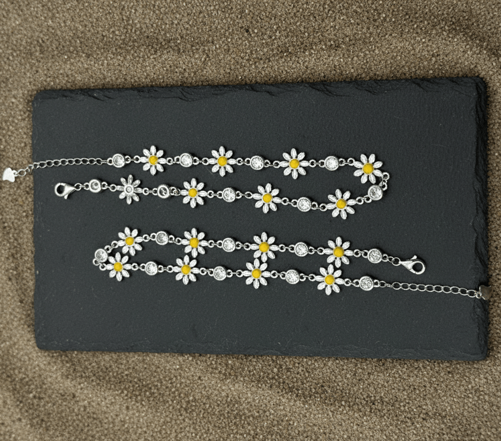 925 Sterling Silver Daisy Anklet Pair with Enamel Flowers | Adjustable Floral Chain Anklet Pair - Zirak Silver