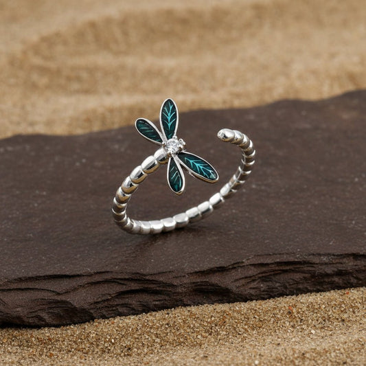 925 Sterling Silver Dragonfly Ring | Enamel Wing Adjustable Silver Band | Nature - Inspired Jewelry for Women - Zirak Silver