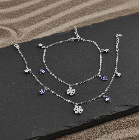 925 Sterling Silver Evil Eye Charm Anklet Pair with Star & Zircon Floral Pendant - Zirak Silver