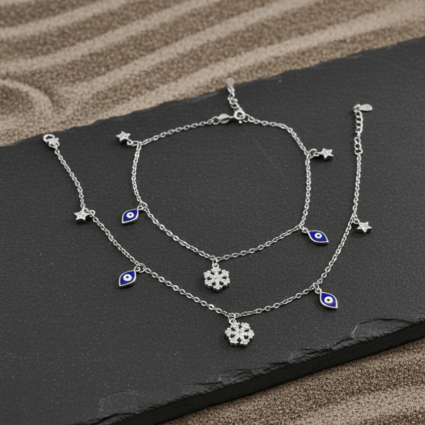 925 Sterling Silver Evil Eye Charm Anklet Pair with Star & Zircon Floral Pendant - Zirak Silver