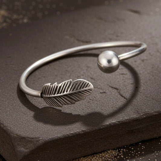 925 Sterling Silver Feather Open Cuff Bracelet – Minimal Oxidised Silver Kada - Zirak Silver