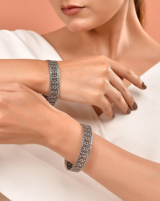 925 Sterling Silver Filigree Cutwork Bangles – Oxidized Statement Jewelry Pair - Zirak Silver