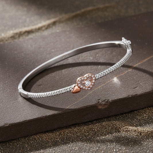 925 Sterling Silver Heart CZ Bracelet with Rose Gold Accent - Zirak Silver