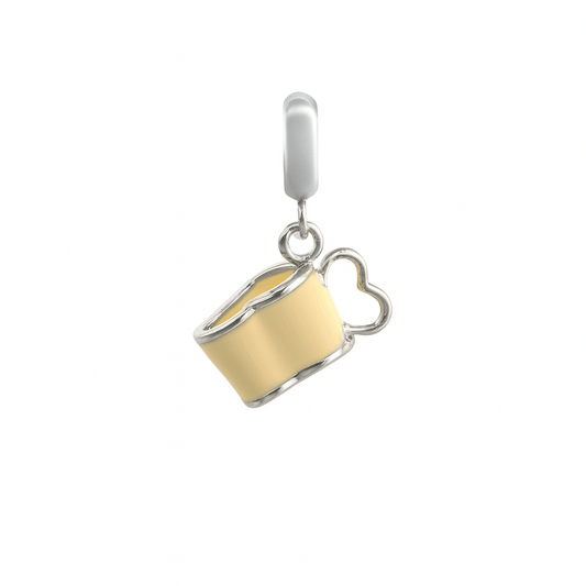 925 Sterling Silver Heart - Handle Teacup Charm with Pastel Yellow Enamel & Flower Accent - Zirak Silver