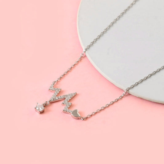 925 Sterling Silver Heartbeat Necklace | CZ Drop Pendant with Heart Charm | Minimal Everyday Silver Jewelry - Zirak Silver