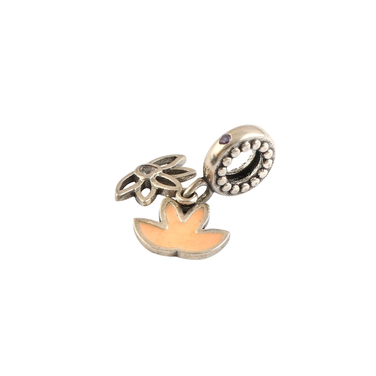 925 Sterling Silver Lotus Flower Charm with Peach Enamel & CZ Accent - Zirak Silver