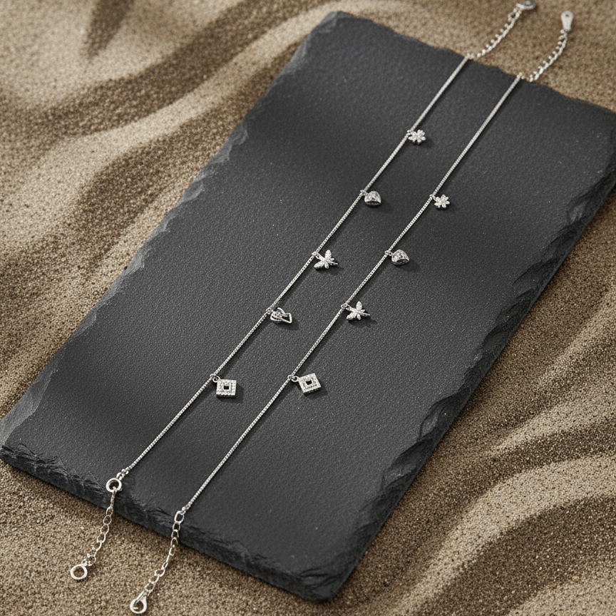 925 Sterling Silver Multi - Charm Anklet Pair - Zirak Silver