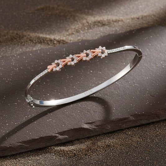 925 Sterling Silver Rose Gold Floral CZ Bangle - Zirak Silver