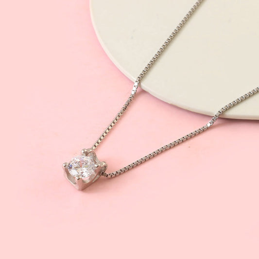 925 Sterling Silver Solitaire Necklace | Round CZ Pendant on Box Chain | Minimal Everyday Silver Jewelry - Zirak Silver