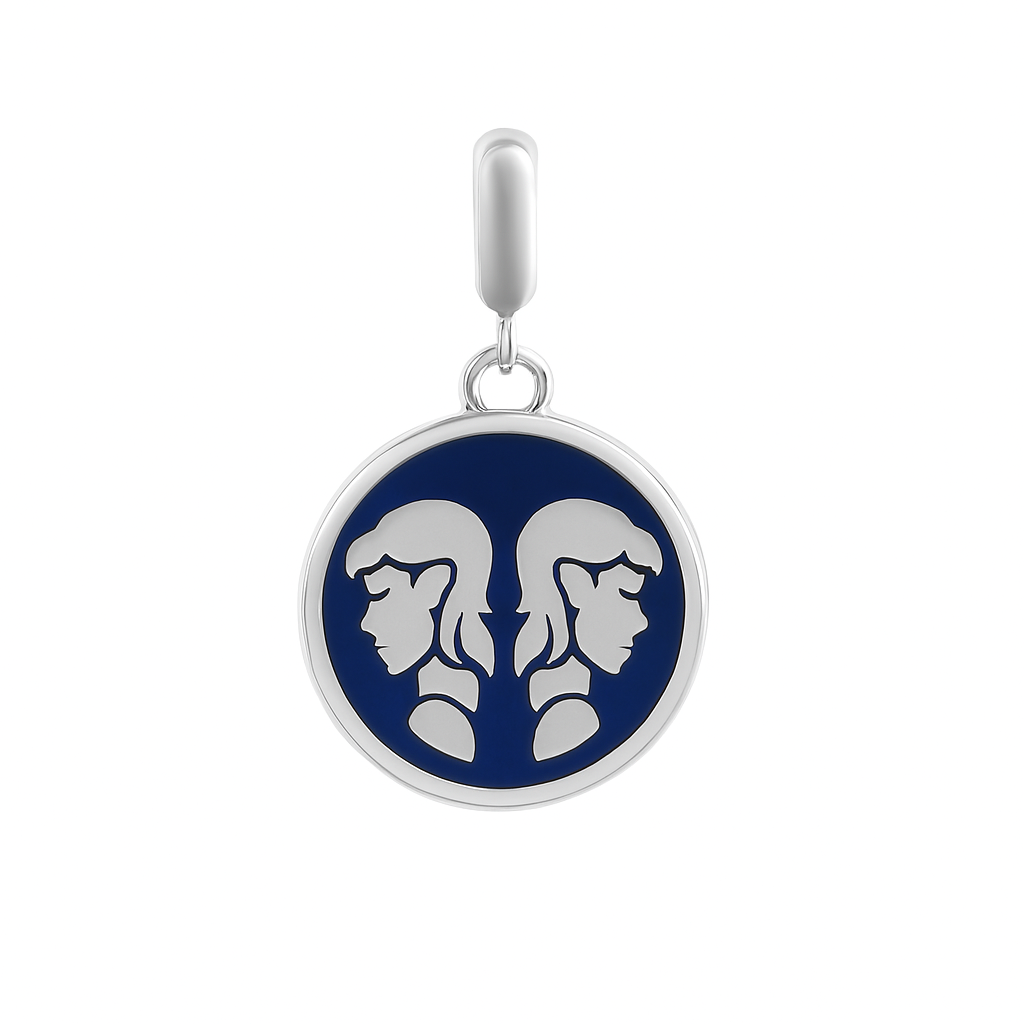 Gemini Zodiac Charm in Sterling Silver – Dual-Sided Pendant with Blue Enamel