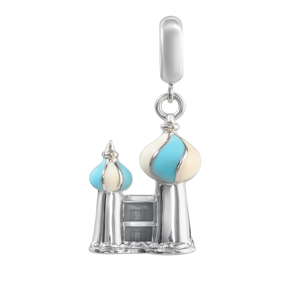Sterling Silver Mosque Architectural Charm Pendant with Blue & White Enamel – 925 Silver Religious Jewelry