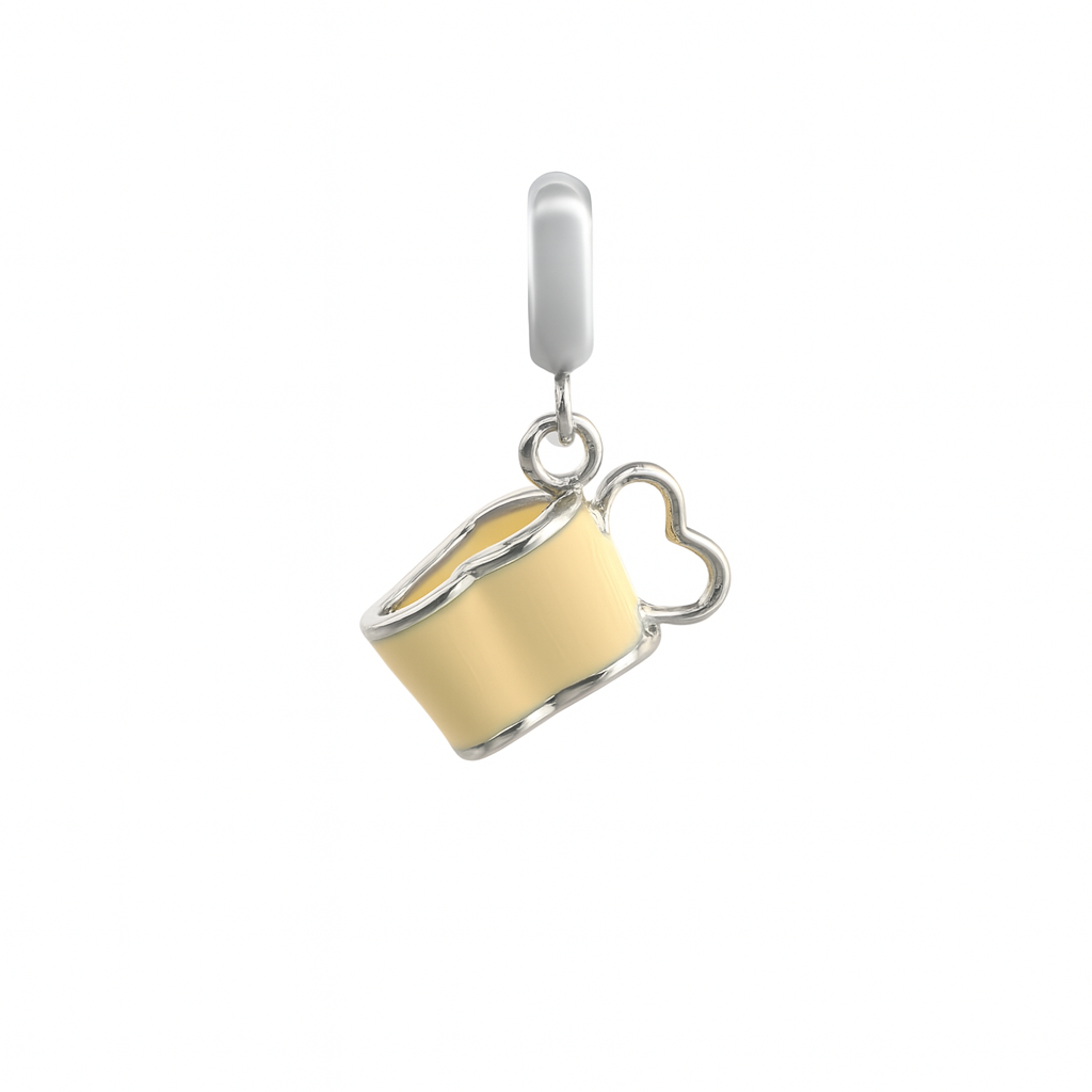 925 Sterling Silver Heart-Handle Teacup Charm with Pastel Yellow Enamel & Flower Accent