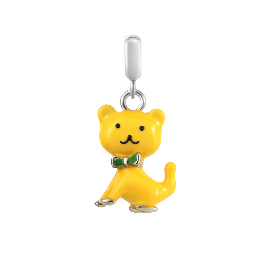 Yellow Cat Charm Pendant in Sterling Silver with Enamel Bow Tie – Cute Cat Jewelry Accessory