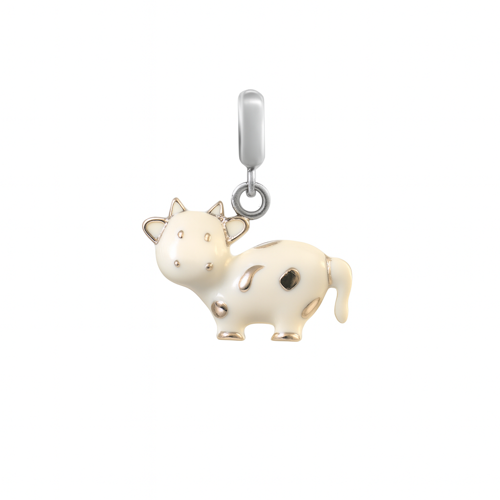 Mini Cow Charm in White Enamel and 925 Silver