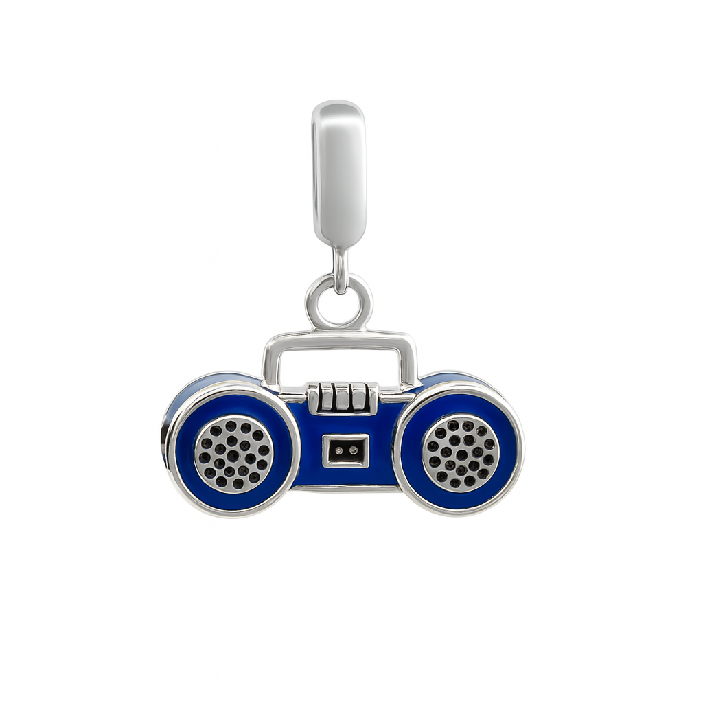 Sterling Silver Boombox Charm with Blue Enamel – 80s Retro Radio Pendant for Bracelets & Necklaces