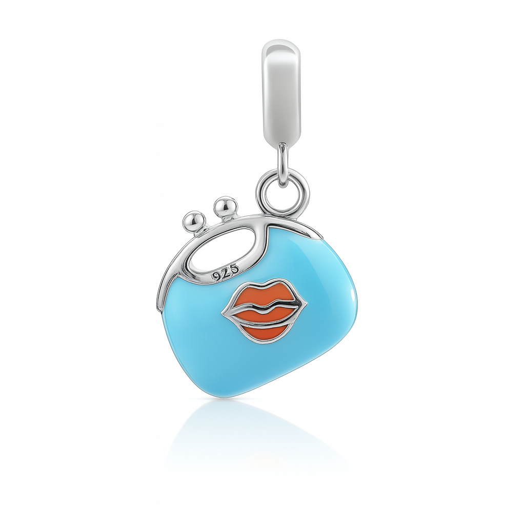 925 Sterling Silver Aqua Enamel Purse Charm with Peach Lips & Heart