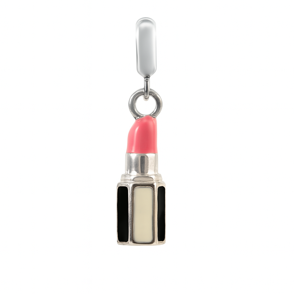 Pink Lipstick Charm in 925 Silver with Black Enamel