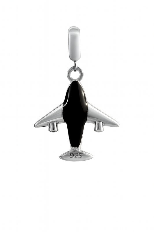 Black Airplane Charm in 925 Silver | Travel Enamel Pendant