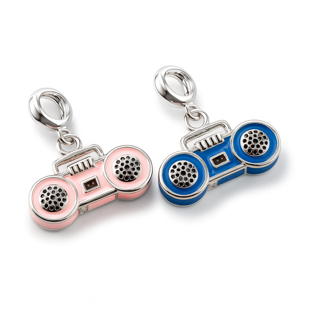 Sterling Silver Boombox Charm with Blue Enamel – 80s Retro Radio Pendant for Bracelets & Necklaces