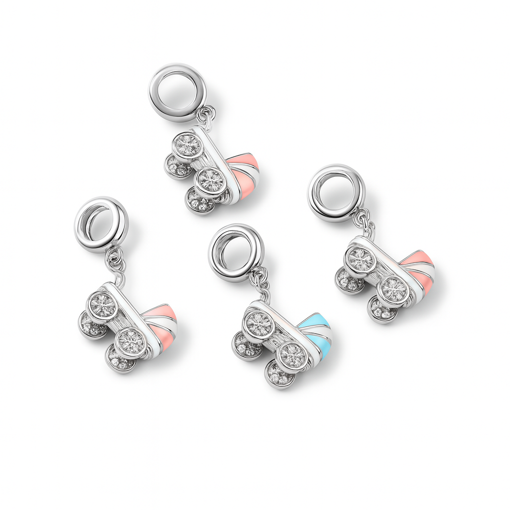 Sterling Silver Baby Stroller Enamel Charm – Light Blue & White Pram Pendant for Bracelets & Necklaces