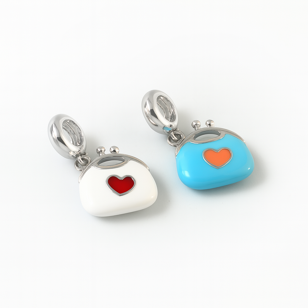 925 Sterling Silver Aqua Enamel Purse Charm with Peach Lips & Heart