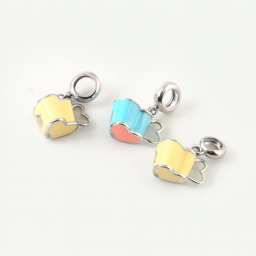 925 Sterling Silver Heart-Handle Teacup Charm with Pastel Yellow Enamel & Flower Accent