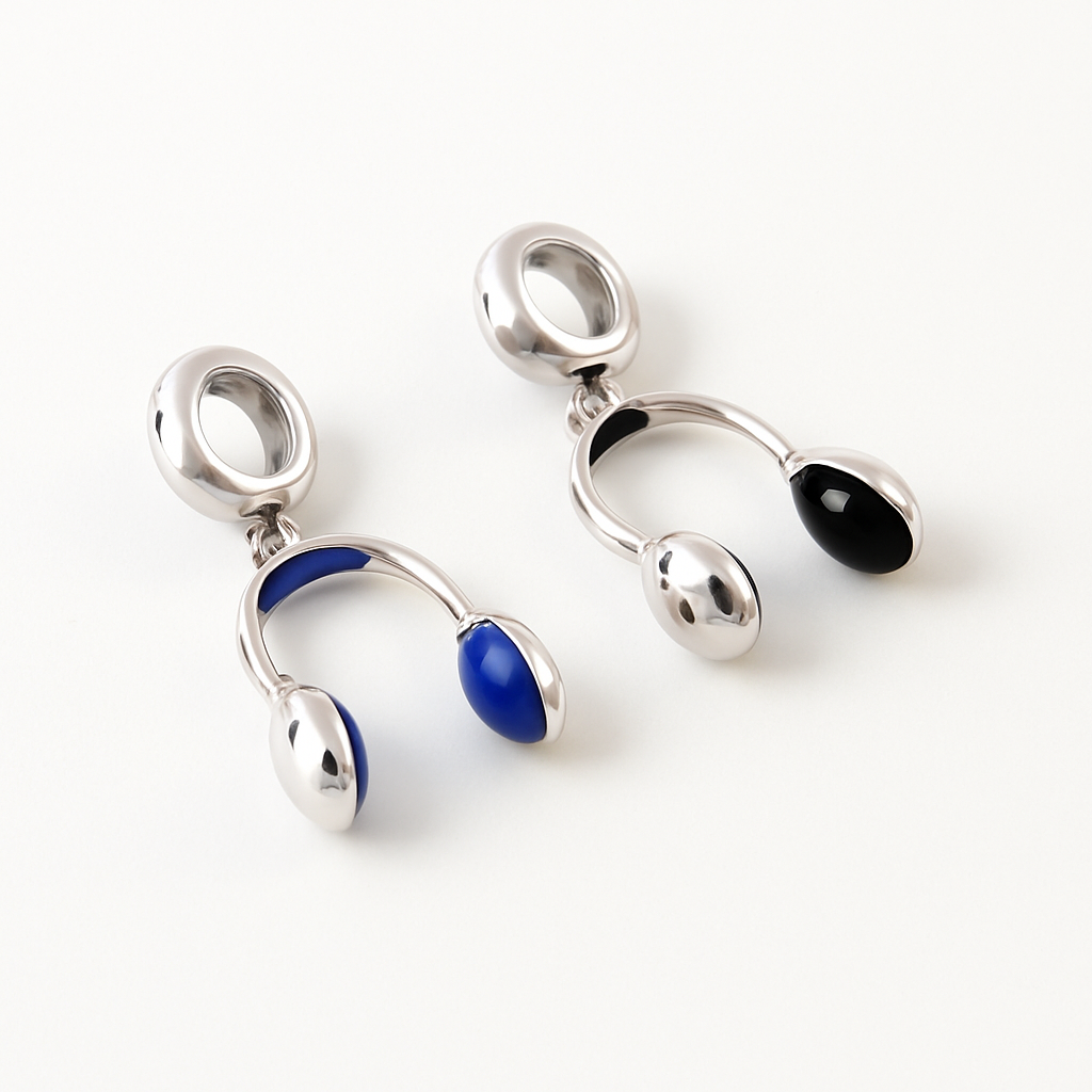 Sterling Silver Headphone Charm Pendant with Blue Enamel