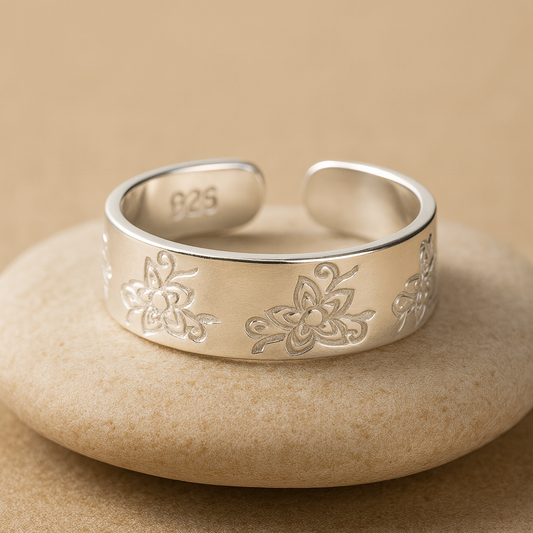925 Sterling Silver Adjustable Toe Ring | Floral Engraved Wide Band Foot Jewelry | Handmade Boho Ethnic Style