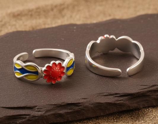 Red Enamel Flower Adjustable Silver Ring | Handcrafted 925 Sterling Silver Colorful Band