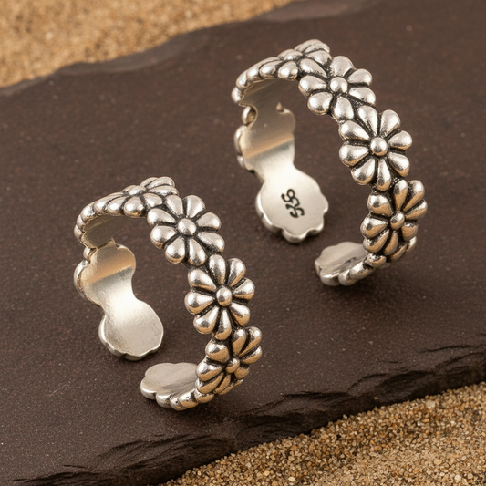 925 Silver Adjustable Daisy Flower Toe Rings – Boho Floral Foot Jewelry