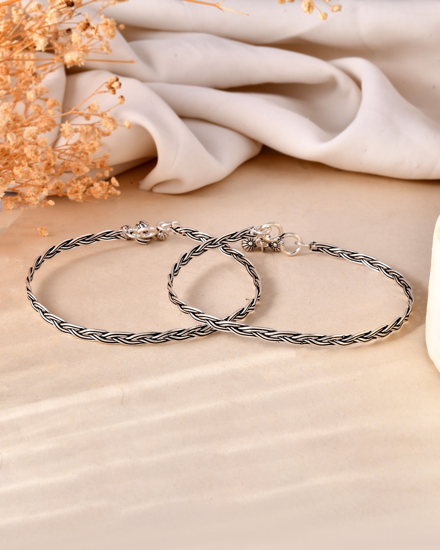 925 Sterling Silver Braided Anklet Pair – Oxidized Adjustable Payal