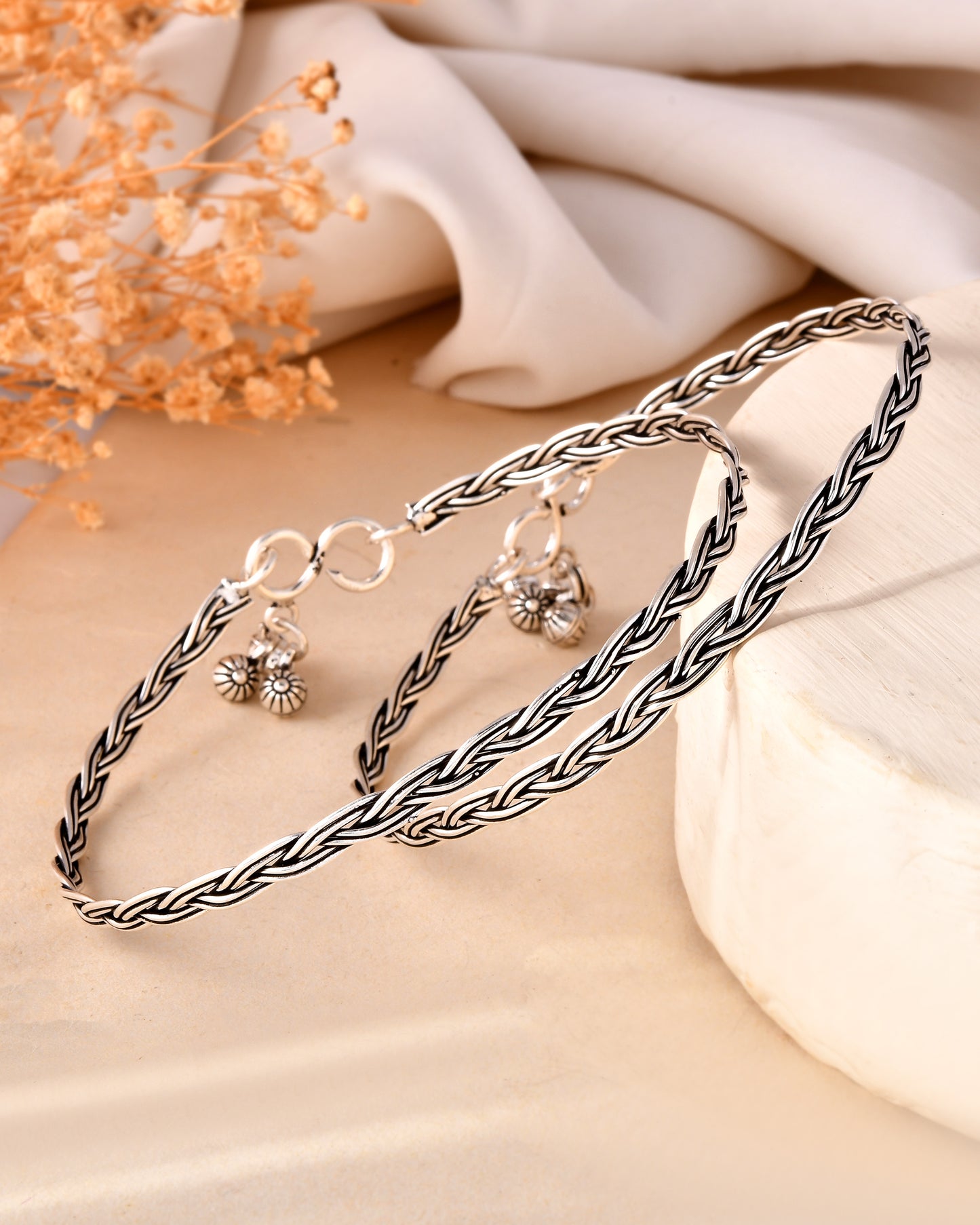 925 Sterling Silver Braided Anklet Pair – Oxidized Adjustable Payal
