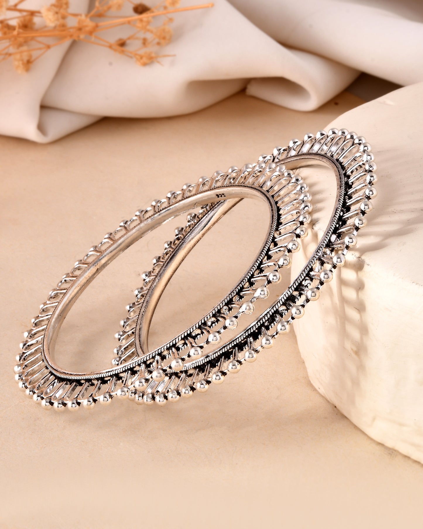 925 Sterling Silver Oxidized Beaded Edge Bangles – Traditional Bangle Pair