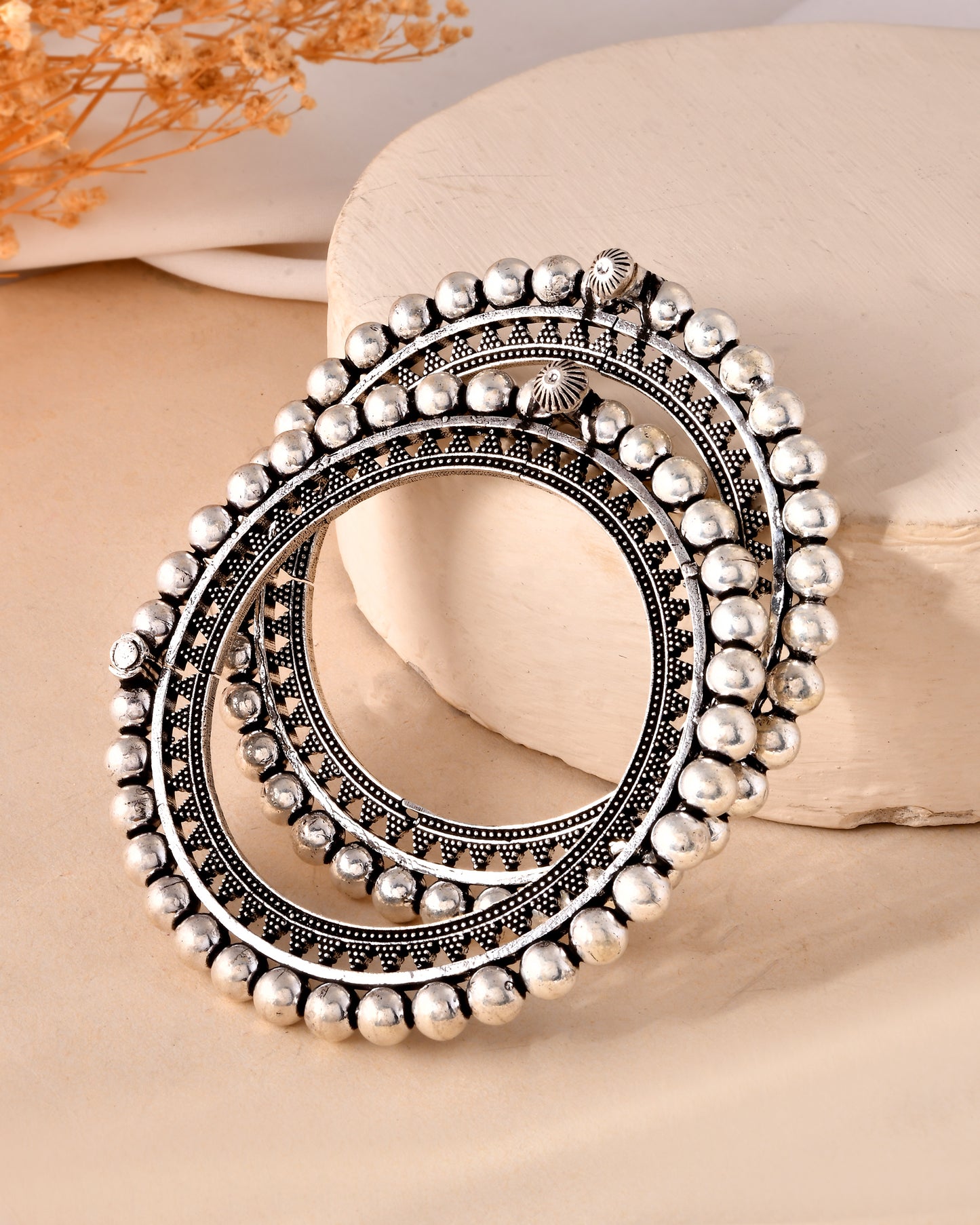 925 Sterling Silver Bold Beaded Edge Bangles – Oxidized Statement Bangle Pair