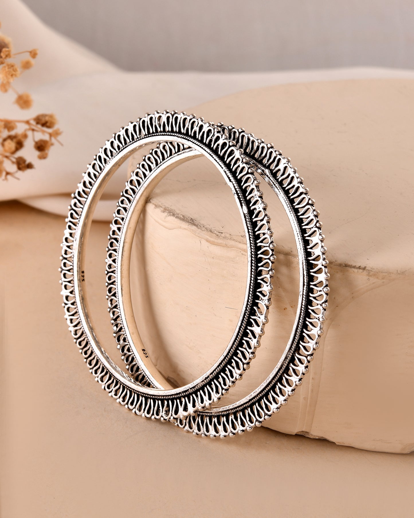 925 Sterling Silver Filigree Edge Bangles – Traditional Handmade Kada Set