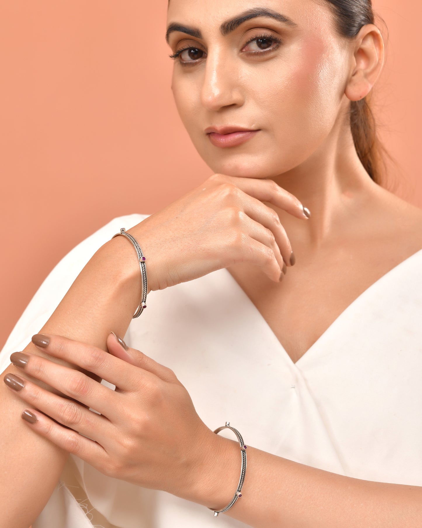 925 Sterling Silver Bangles with Purple Stone Accents – Oxidized Antique Finish