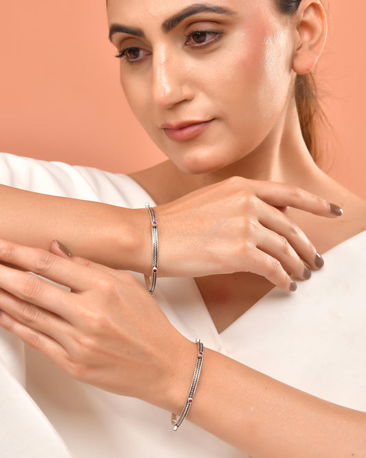 925 Sterling Silver Bangles with Purple Stone Accents – Oxidized Antique Finish